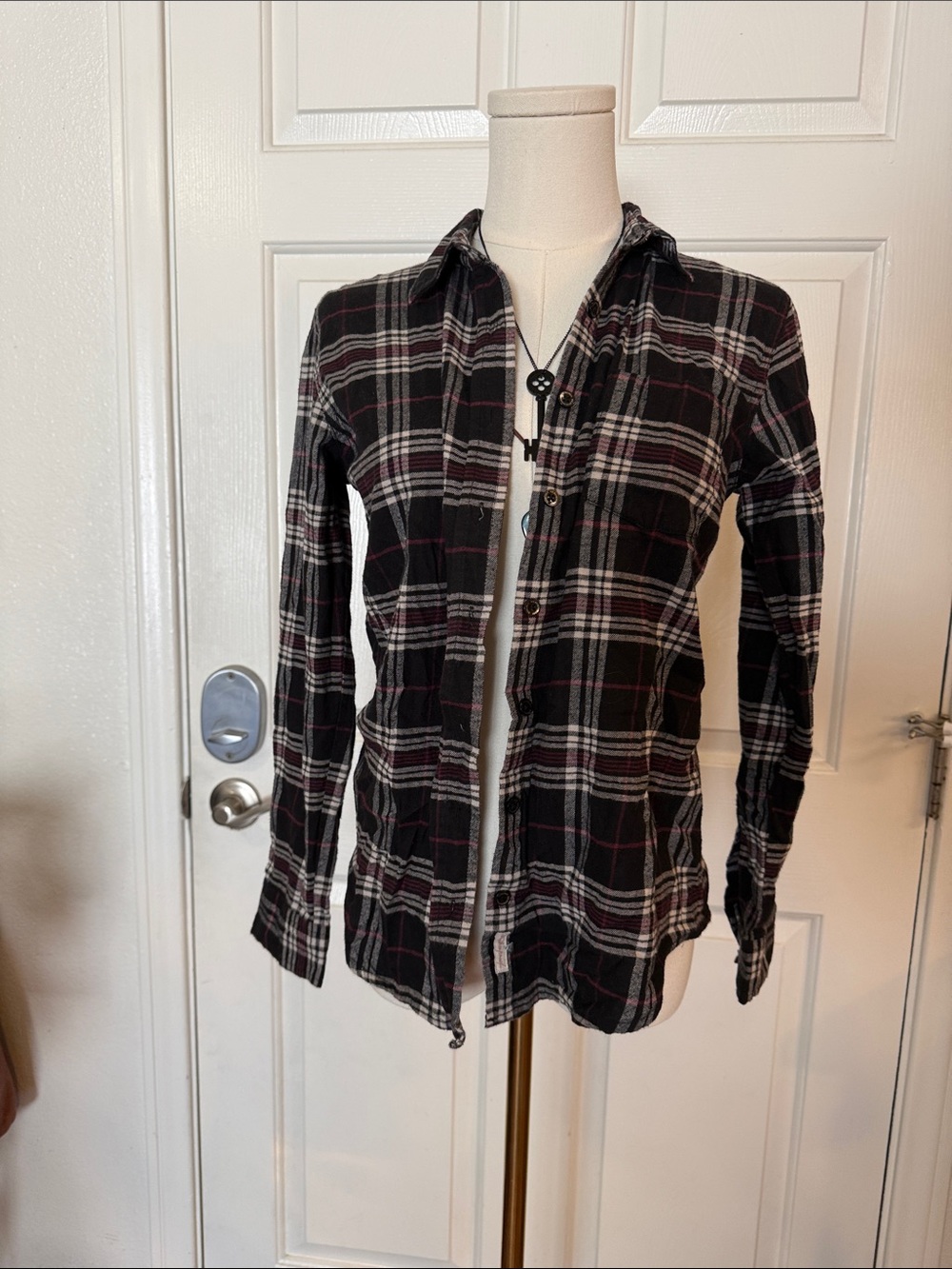 Weatherproof Vintage Black, White & Burgundy Plaid Shirt